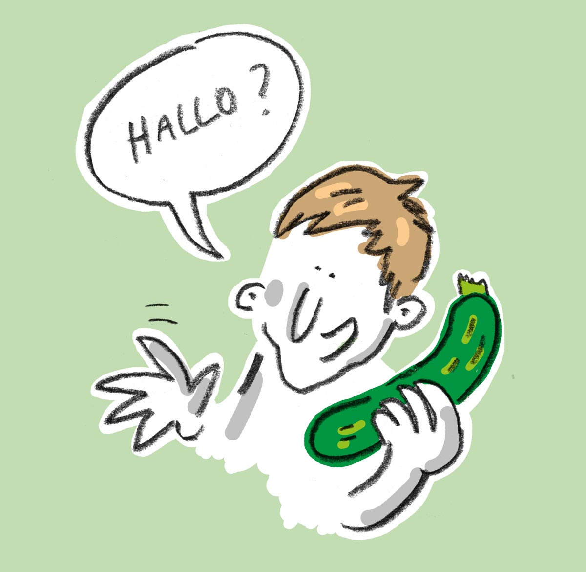Hallo? — ein Mann hält eine Gurke wie ein Telefon und winkt